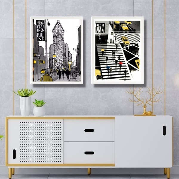 Kit 2 Quadros Figurativos New York - Preto Amarelo 33x24cm Mo