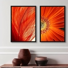 Kit 2 Quadros Flor E Folha Modernos Laranjas 45x34cm - Com Vi