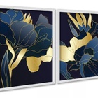 Kit 2 Quadros Florais Azul Dourado Linhas 33x24cm - Com Vidro