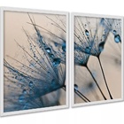 Kit 2 Quadros Flores Azuis Gotas 45x34cm Moldura Preta