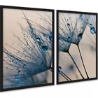 Kit 2 Quadros Flores Azuis Gotas 45x34cm Moldura Preta