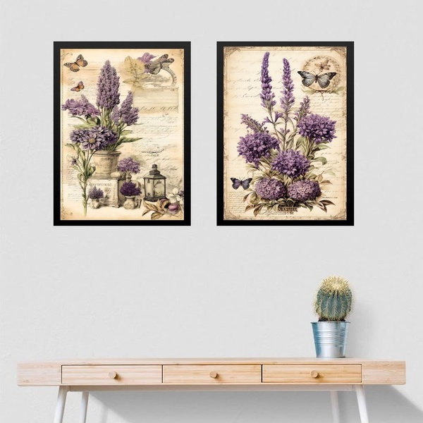 Kit 2 Quadros Flores De Lavanda - Borboletas 45x34cm - Com Vi