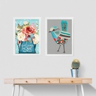 Kit 2 Quadros Flores E Passarinho - Welcome 45x34cm - Com Vid