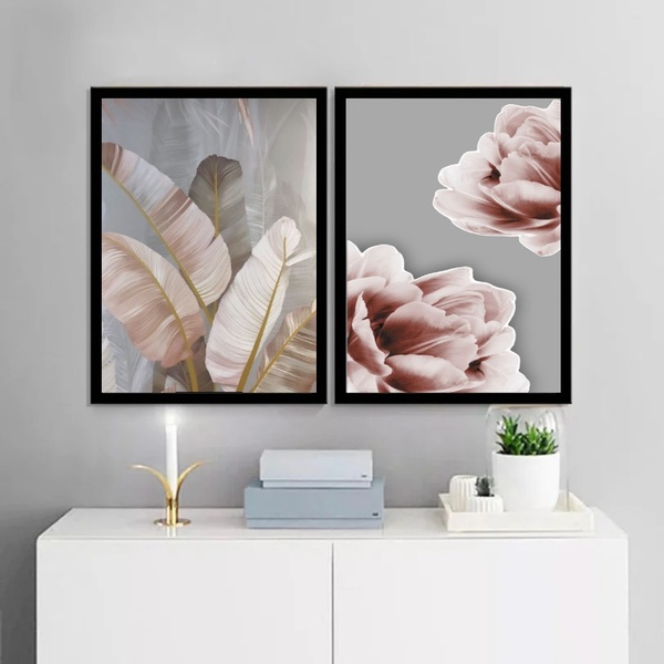 Kit 2 Quadros Flores Folhas Rosê E Cinza 24x18cm Moldura Preta