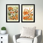 Kit 2 Quadros Flores Laranjas Com Passarinhos 33x24cm Moldura