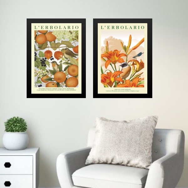 Kit 2 Quadros Flores Laranjas Com Passarinhos 33x24cm Moldura