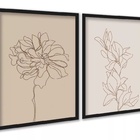 Kit 2 Quadros Flores Linhas Suaves - Bege 24x18cm Moldura Pre