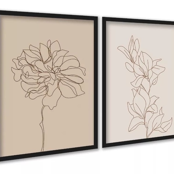 Kit 2 Quadros Flores Linhas Suaves - Bege 33x24cm - Com Vidro