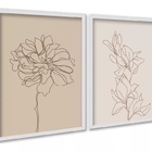Kit 2 Quadros Flores Linhas Suaves - Bege 45x34cm - Com Vidro