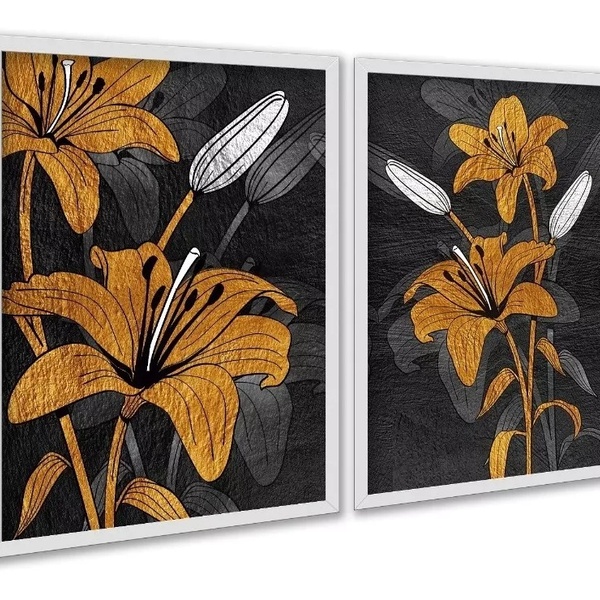 Kit 2 Quadros Flores Marrom E Preto - Lírios 45x34cm - Com Vi