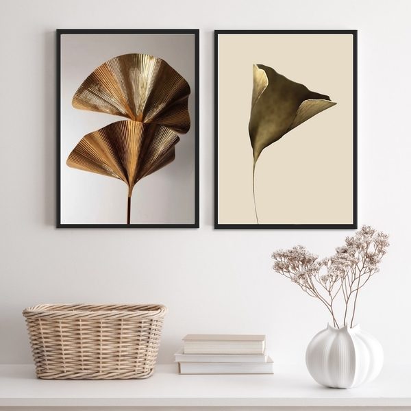 Kit 2 Quadros Flores Modernas Marrom E Dourado 45x34cm Moldur