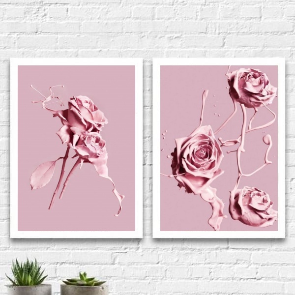 Kit 2 Quadros Flores Rosas Tinta 33x24cm - Com Vidro Moldura: