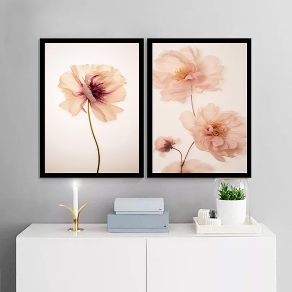 Kit 2 Quadros Flores Tons Pêssego 45x34cm - Com Vidro Moldura