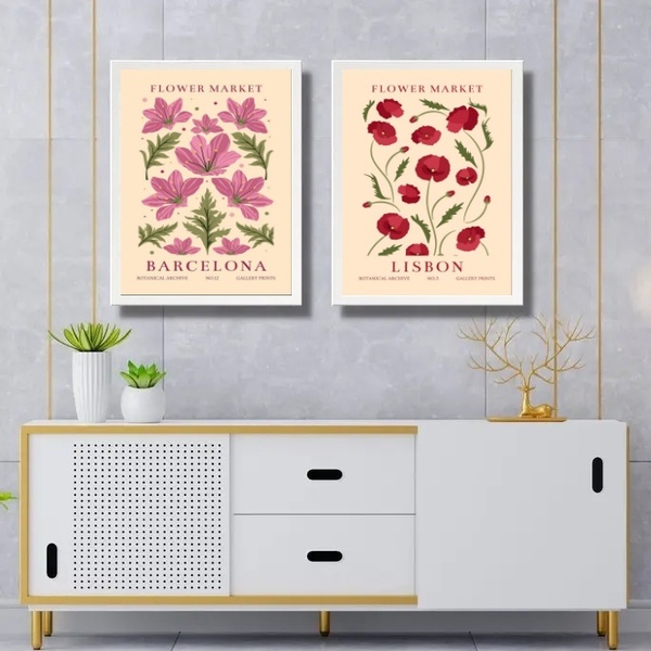 Kit 2 Quadros Flower Market - Lisboa E Barcelona 24x18cm - Co
