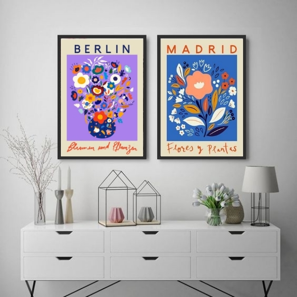 Kit 2 Quadros Flower Market - Madrid E Berlin 45x34cm - Com V