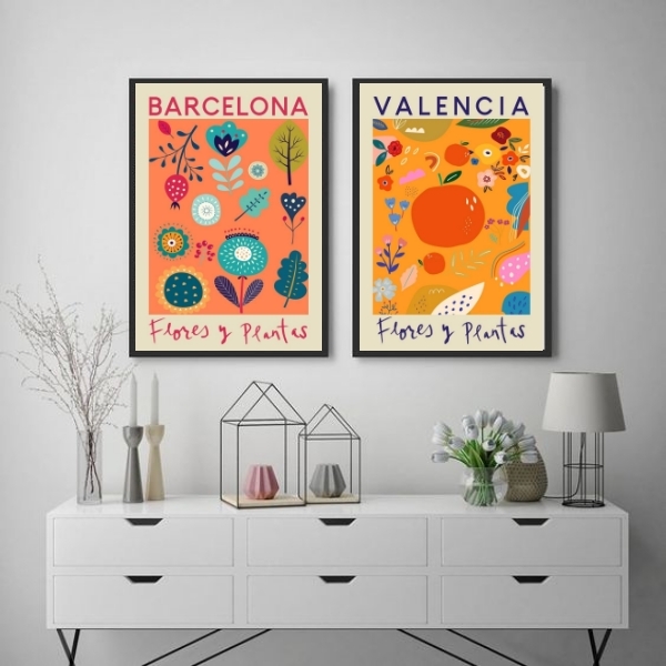 Kit 2 Quadros Flower Market - Valência E Barcelona 24x18cm Mo