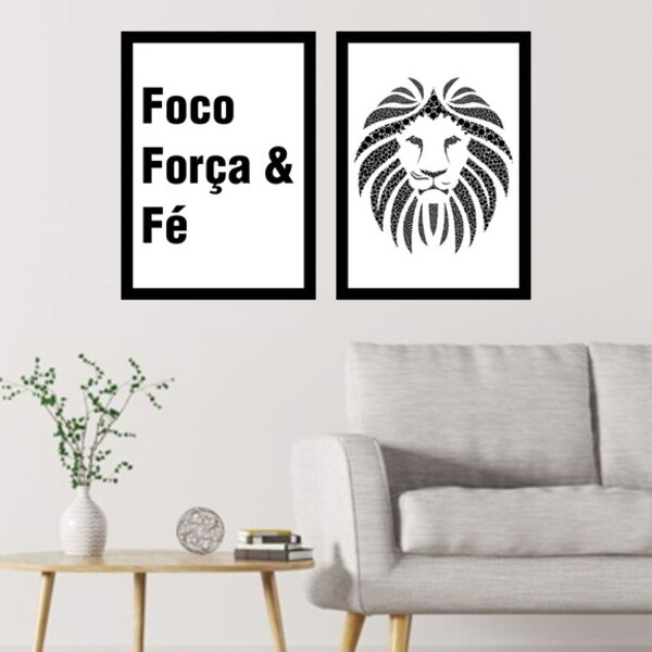 Kit 2 Quadros Foco, Força E Fé - Leão 33x24cm - Com Vidro Mol