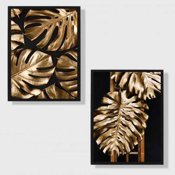 Kit 2 Quadros Folhagens Preto Com Dourado 24x18cm Moldura:mad