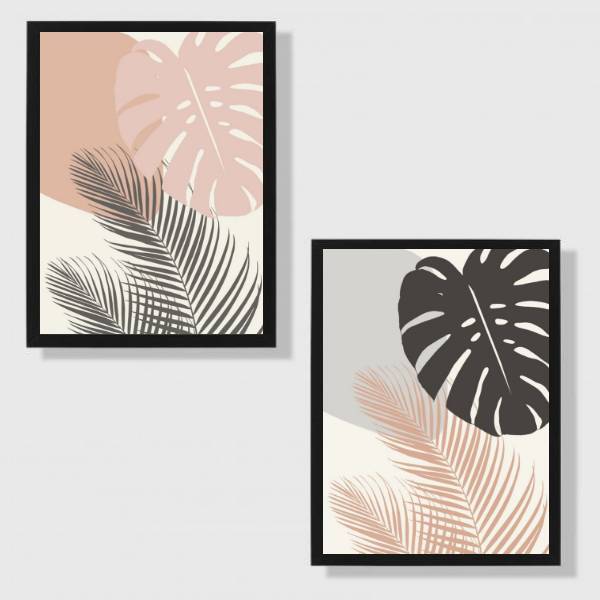 Kit 2 Quadros Folhagens Rosa E Cinza 24x18cm - Com Vidro Mold