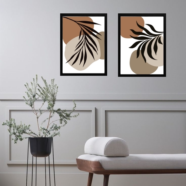 Kit 2 Quadros Folhas Abstratas - Marrom Preto Cinza 45x34cm -