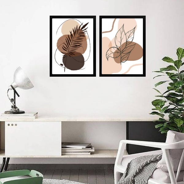 Kit 2 Quadros Folhas Abstratas - Marrom Rosê 24x18cm Moldura: