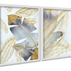 Kit 2 Quadros Folhas Bananeiras Cinza E Dourado 24x18cm - Com
