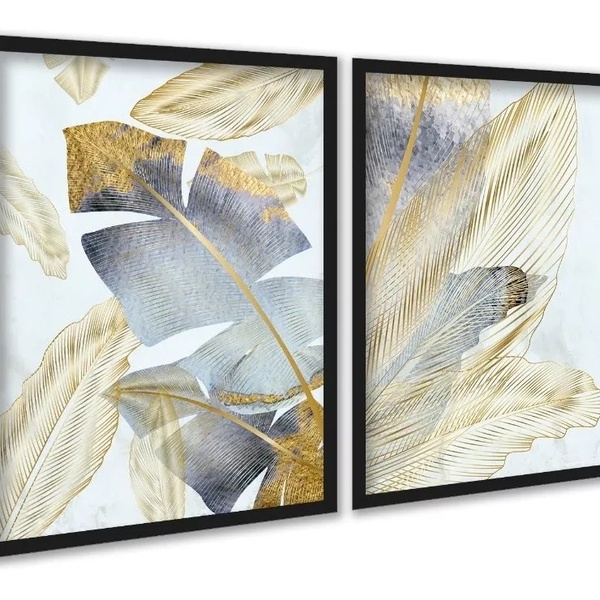 Kit 2 Quadros Folhas Bananeiras Cinza E Dourado 24x18cm - Com