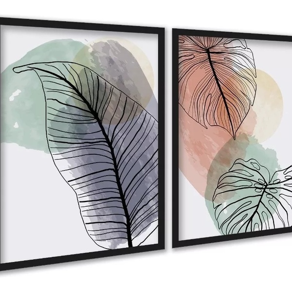 Kit 2 Quadros Folhas Costela Adão Aquarela 33x24cm - Com Vidr