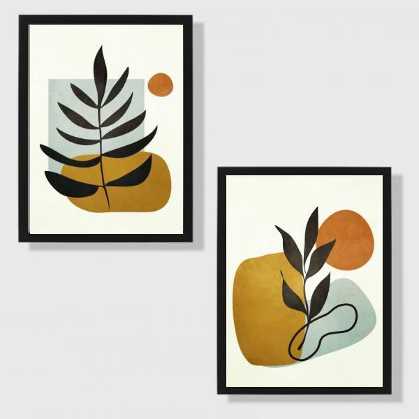 Kit 2 Quadros Folhas Marrom 33x24cm - Com Vidro Moldura:madei