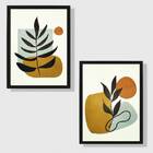 Kit 2 Quadros Folhas Marrom 45x34cm - Moldura Branca