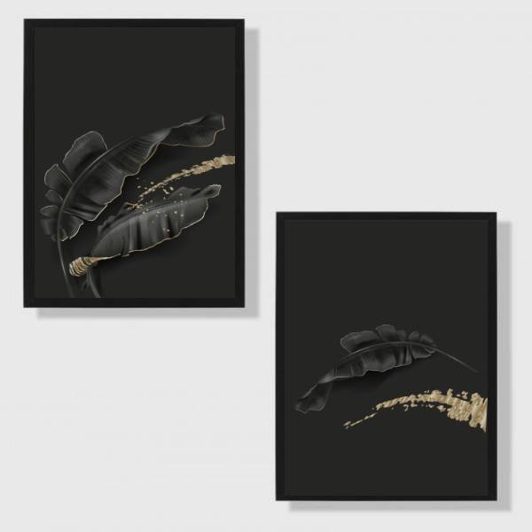 Kit 2 Quadros Folhas Pretas 33x24cm - Com Vidro Moldura:madei