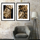 Kit 2 Quadros Folhas Preto Dourado - 60x48cm Moldura:madeira