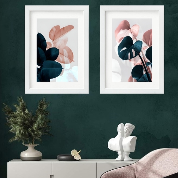 Kit 2 Quadros Folhas Rosa E Azul - 60x48cm Moldura:madeira Br