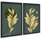Kit 2 Quadros Folhas Verde Musgo Com Dourado 33x24cm - Com Vi