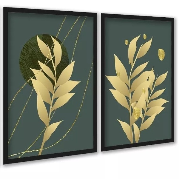 Kit 2 Quadros Folhas Verde Musgo Com Dourado 33x24cm - Com Vi
