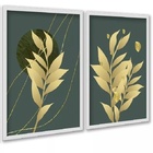 Kit 2 Quadros Folhas Verde Musgo Com Dourado 33x24cm - Com Vi