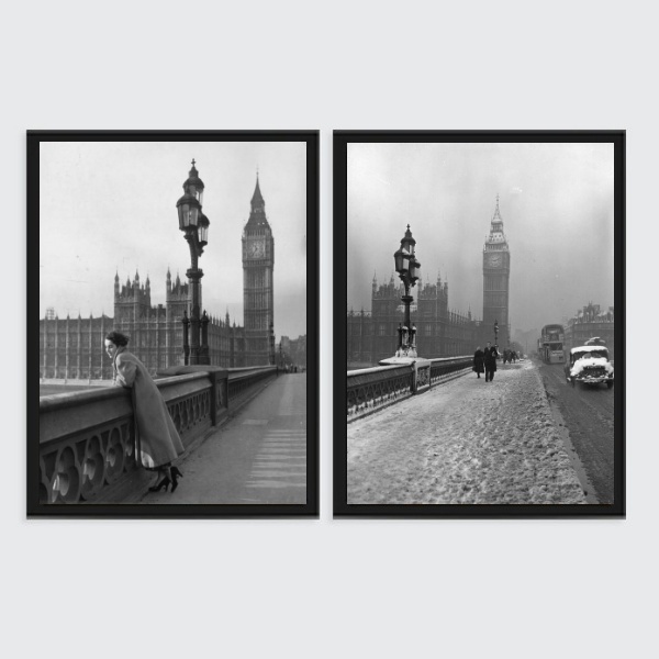 Kit 2 Quadros Fotografias Antigas Londres 45x34cm Moldura:mad