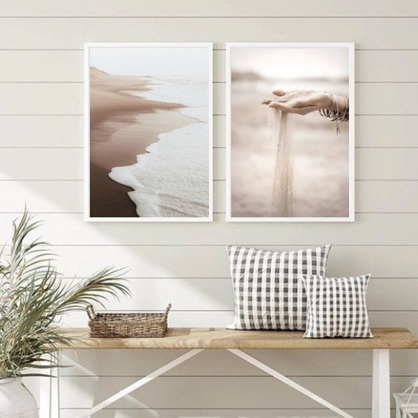 Kit 2 Quadros Fotografias Areia Praia Mar- Bege E Marrom 45x3