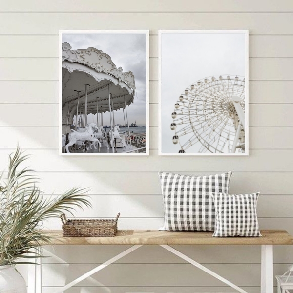 Kit 2 Quadros Fotografias Brancas Carrossel E Roda Gigante 33