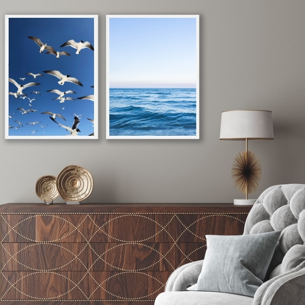 Kit 2 Quadros Fotografias Céu E Mar Azul 45x34cm Moldura:made