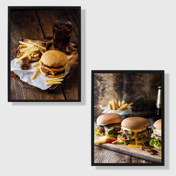 Kit 2 Quadros Fotografias Hambúrguer 45x34cm - Com Vidro Mold