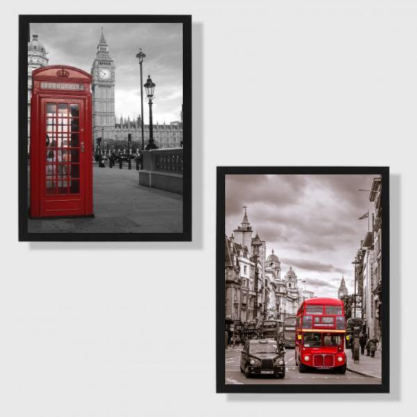 Kit 2 Quadros Fotografias Londres 24x18cm - Com Vidro Moldura