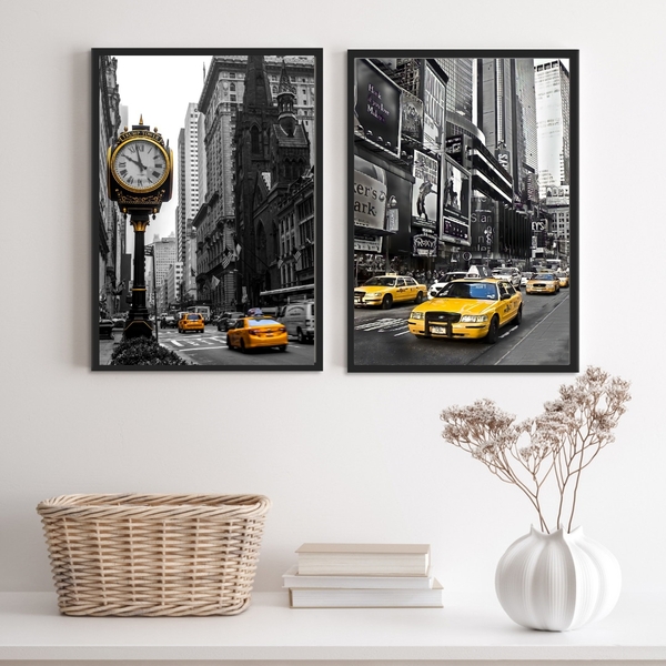 Kit 2 Quadros Fotografias N.y Preto E Branco Taxi Amarelo 33x