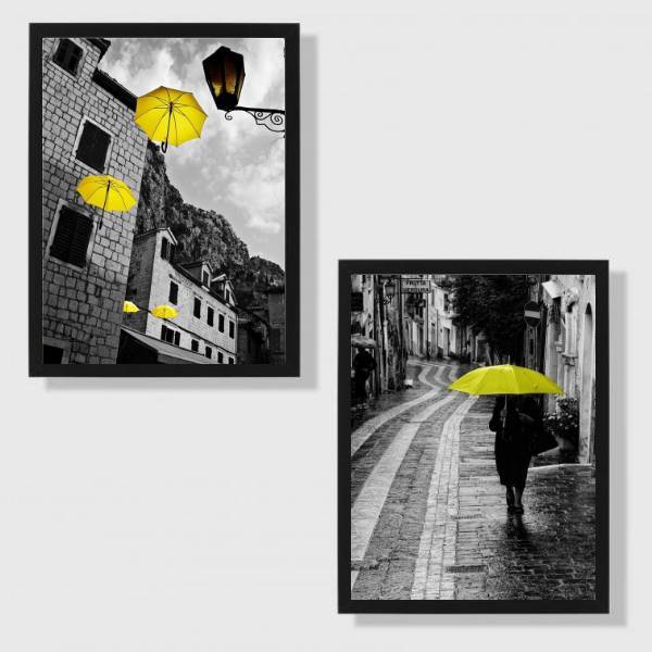 Kit 2 Quadros Fotografias Sombrinhas Amarelas 45x34cm - Com V