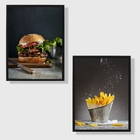Kit 2 Quadros Fotos Hambúrguer E Batata Frita 33x24cm Moldura