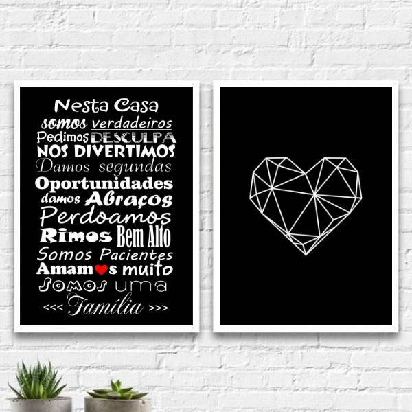 Kit 2 Quadros Frase Família Coração 24x18cm - Com Vidro Moldu