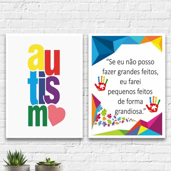 Kit 2 Quadros Frase Reflexão Autismo 33x24cm Moldura:madeira