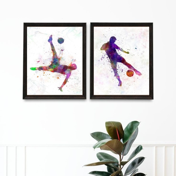 Kit 2 Quadros Futebol - Aquarela 45x34cm Moldura:madeira Bran