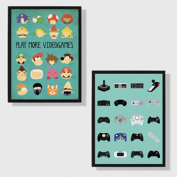 Kit 2 Quadros Gamer - Controles 24x18cm Moldura Preta