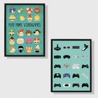 Kit 2 Quadros Gamer - Controles 33x24cm - Com Vidro Moldura B